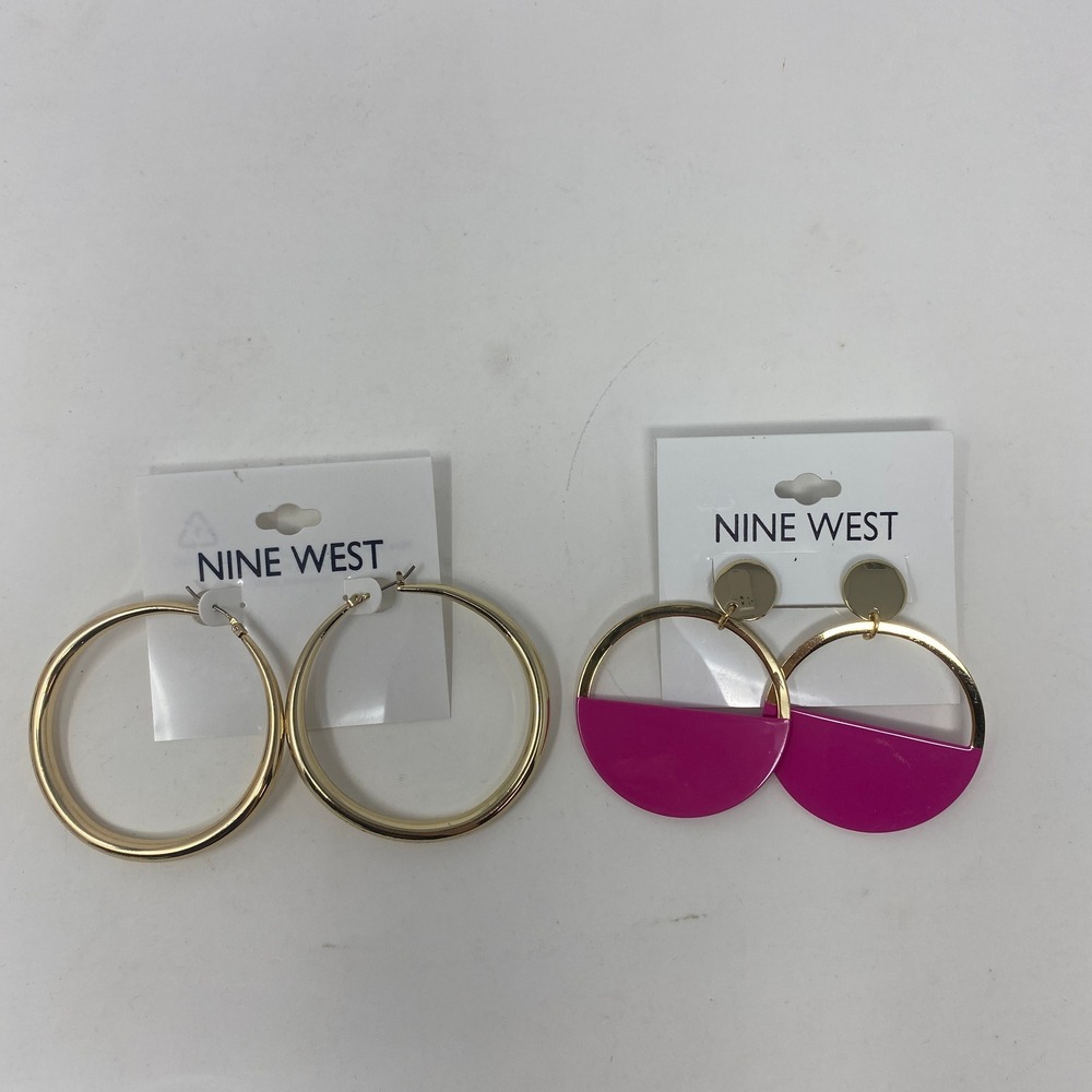NINE WEST 2-Pair Earring‎ Set Gold Hoop & Pink Geo Drop Fashion Jewelry NWT
